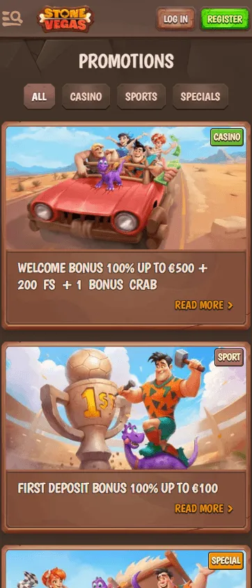 Stonevegas Casino promotions screen on mobile