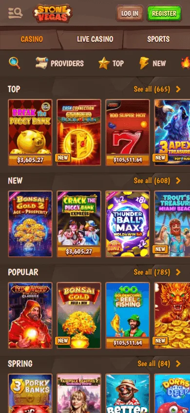 Stonevegas Casino games screen on mobile
