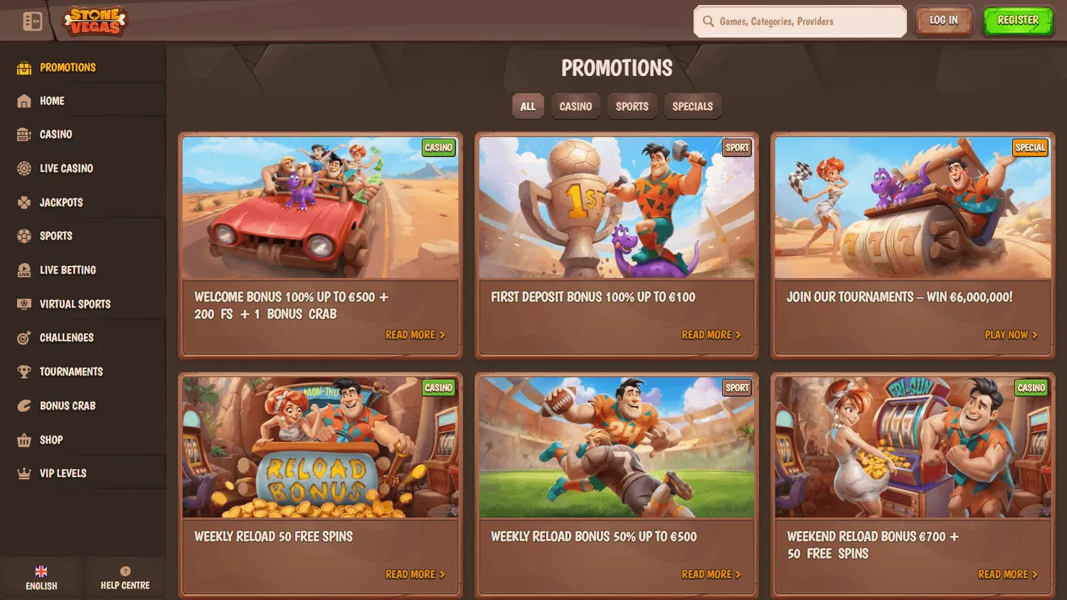 Stonevegas Casino promotions screen on desktop