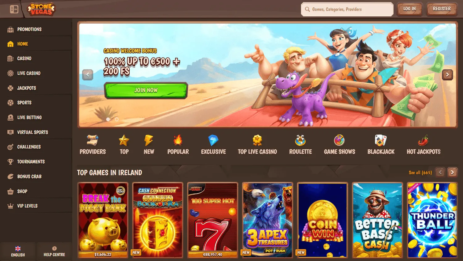 Stonevegas Casino home screen on desktop