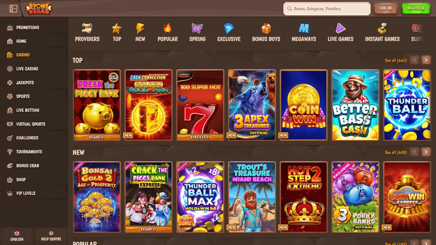 Stonevegas Casino games screen on desktop