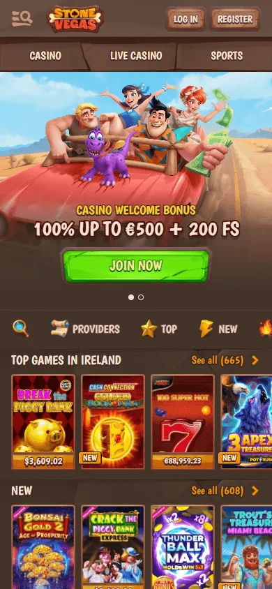 Stonevegas Casino home screen on mobile